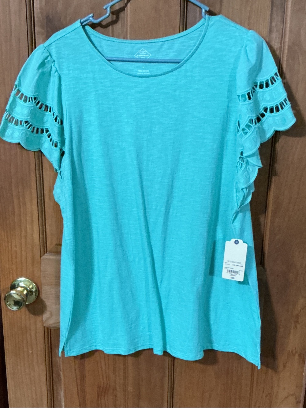 St. John's Bay Teal Short Sleeve Knit Top with Lace-Trim Flutter Sleeves